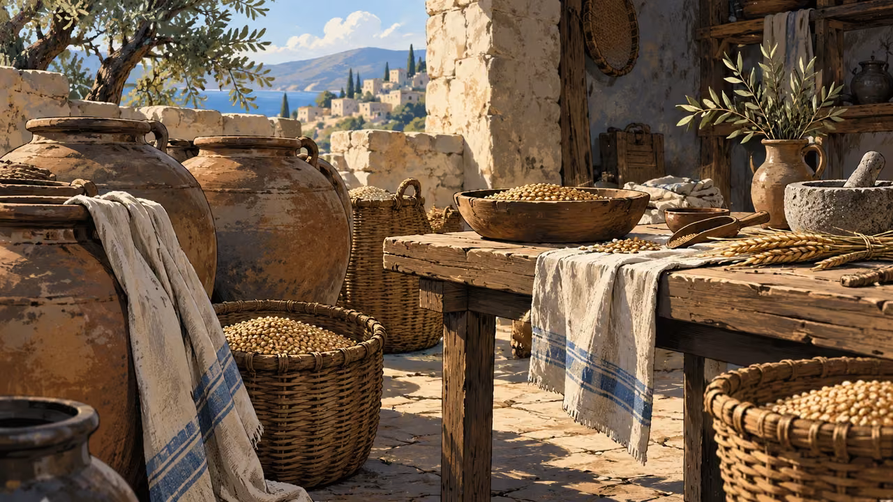 Wide ordinary clay water jars and modest grain baskets arranged around a clean worktable with useful tools, no figures or wealth.