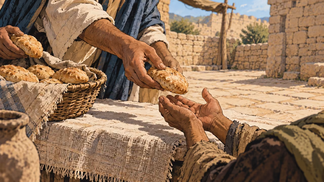 Close anonymous adult hands distributing small ordinary bread portions across a plain linen cloth, no faces, words or coins.