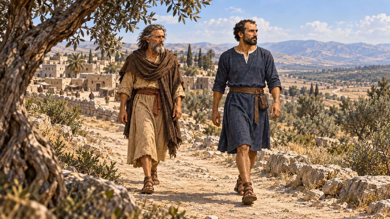 Elijah and Elisha walk together along the road from Gilgal.