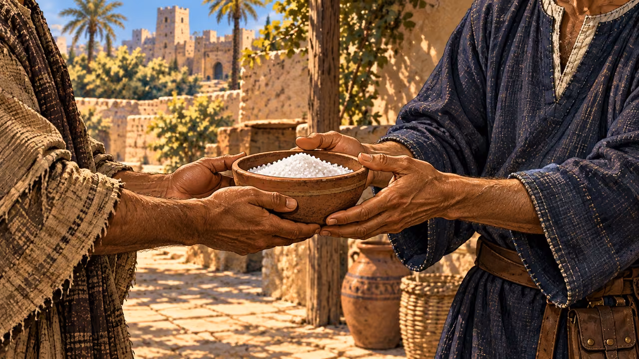 A new bowl filled with salt passes into Elisha’s hands.