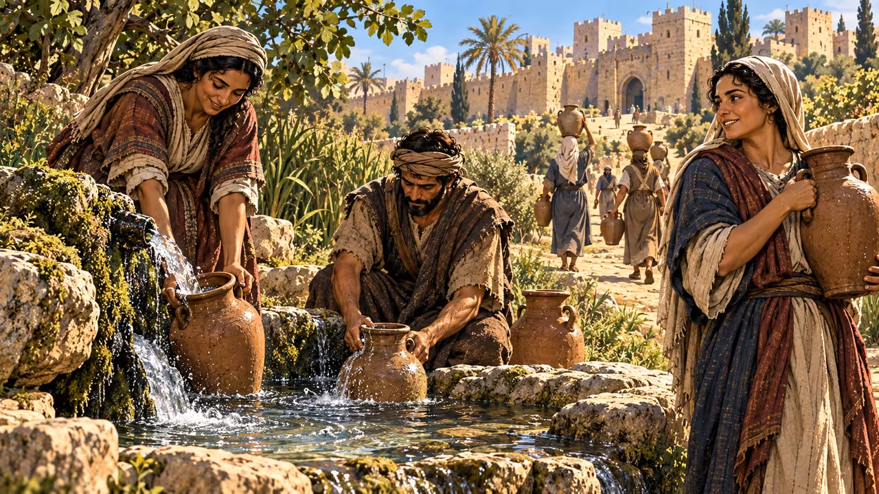 Residents draw water from the healed spring.
