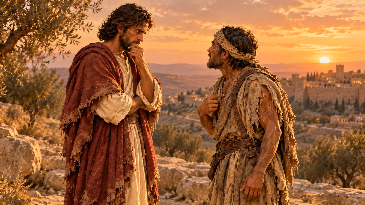 The messenger identifies himself while David listens in the dusk courtyard.