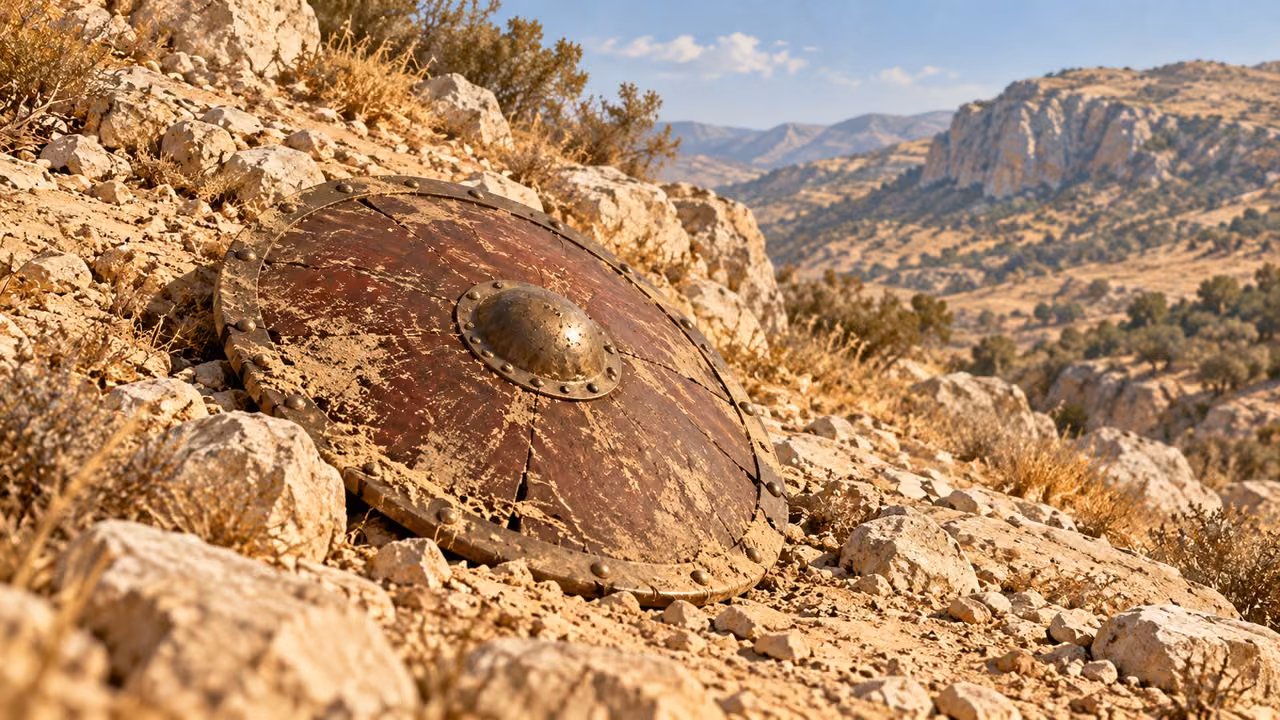Poetic image: a worn shield lies on the dry stony slope.