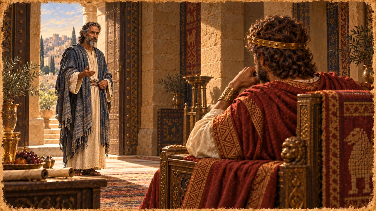 Nathan arrives at David’s chamber and speaks from the doorway while the king listens.