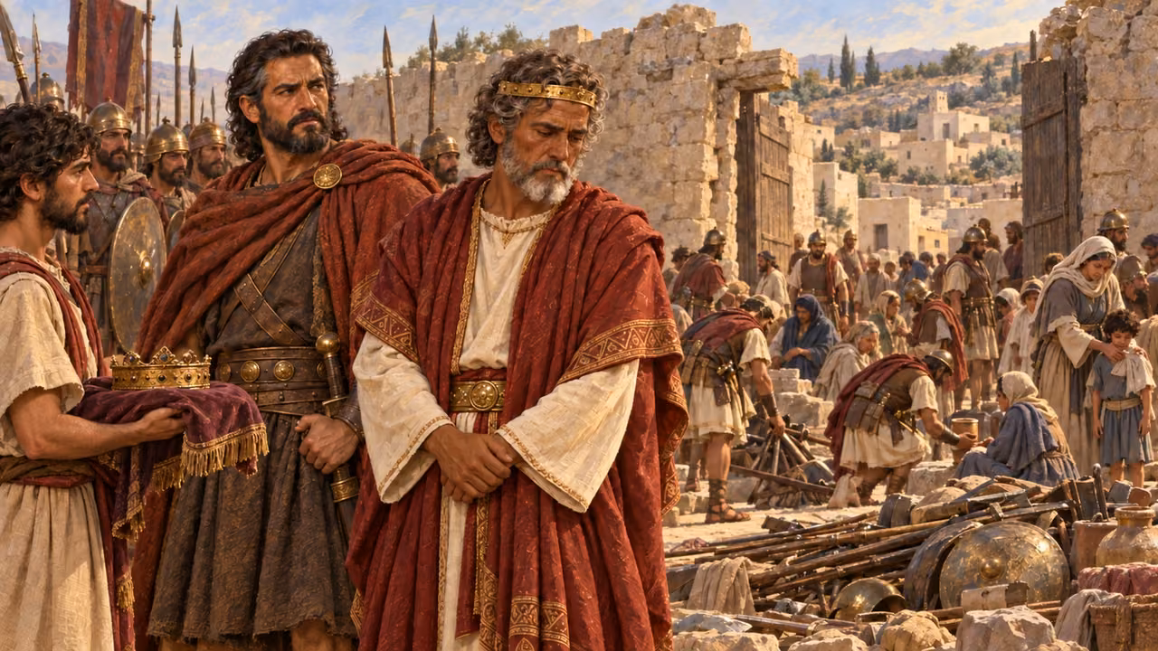 A captured crown is presented beside David and Joab amid the spoil of Rabbah.