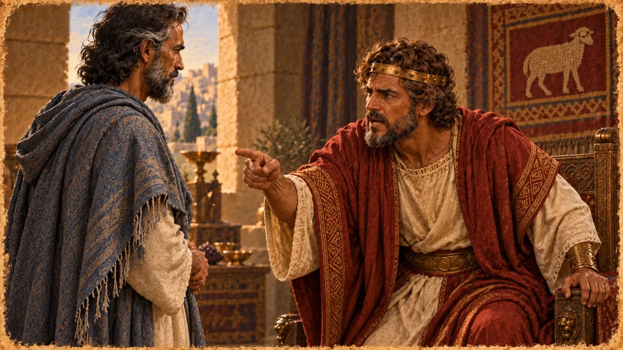 David leans forward and angrily addresses Nathan before recognizing the parable’s meaning.