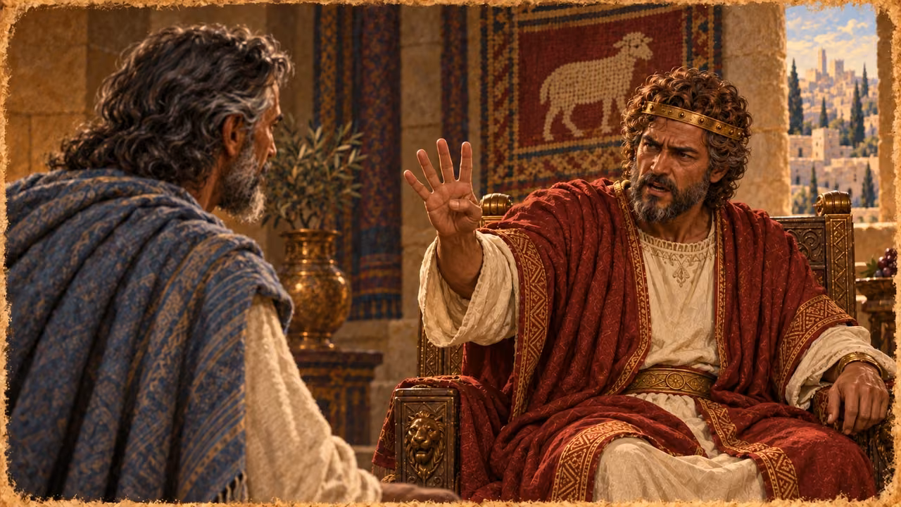 David raises his hand as he pronounces judgment, with Nathan listening across from him.