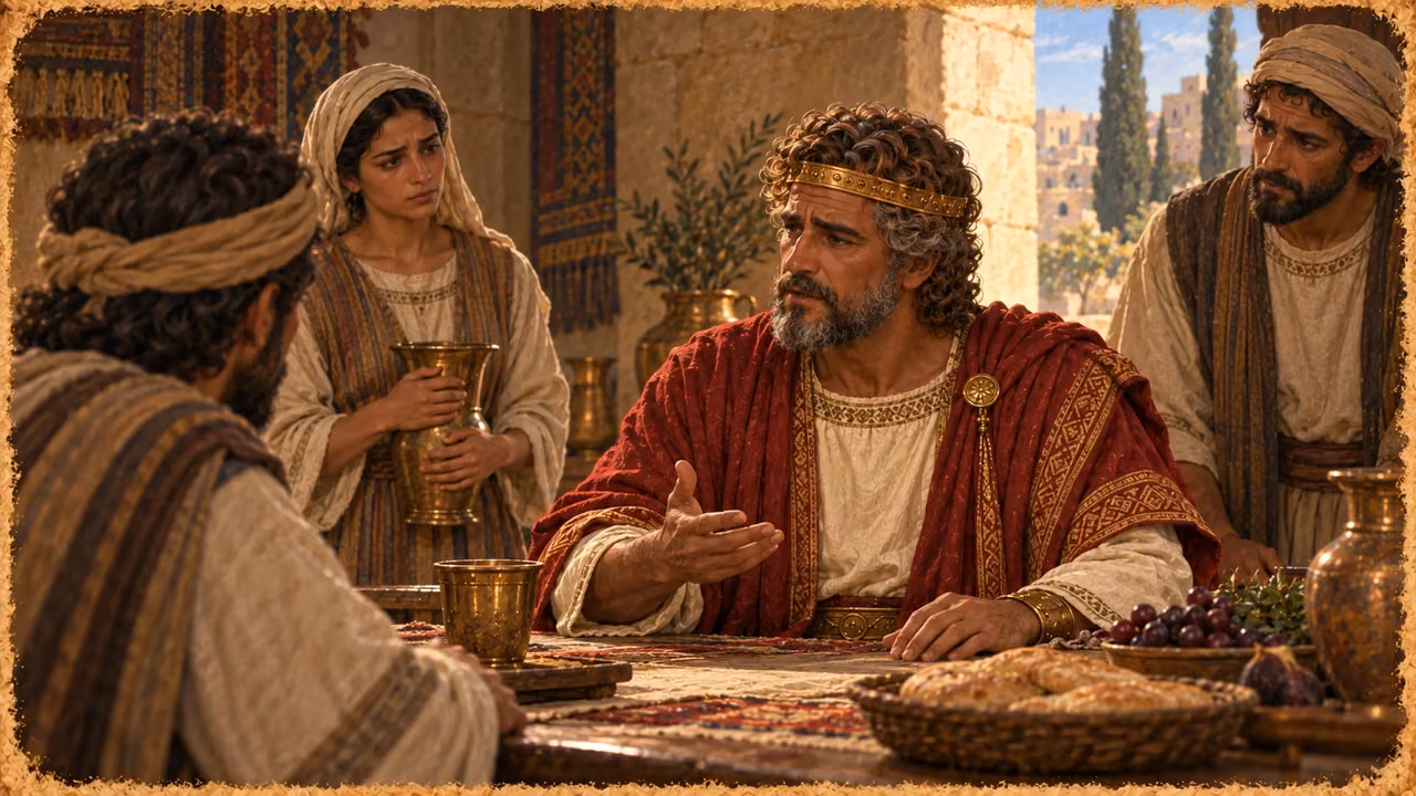 David explains his earlier fasting to the servants gathered around the table.