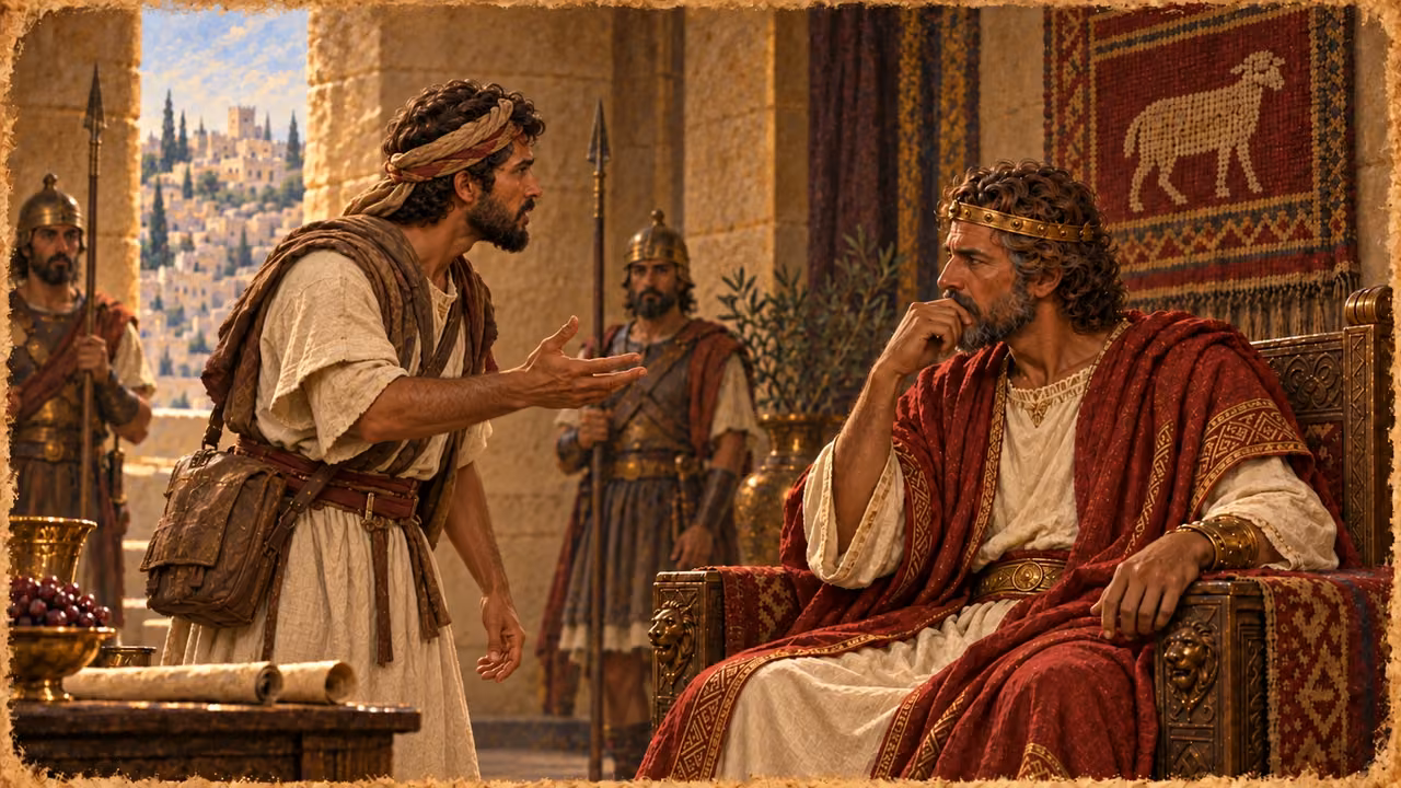 The messenger in a plain cream tunic delivers Joab’s message to David at court.