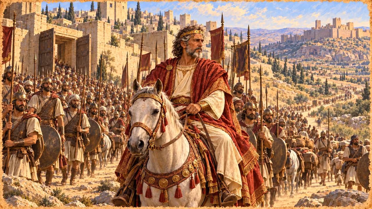 David rides ahead of the troops departing Jerusalem for the campaign at Rabbah.