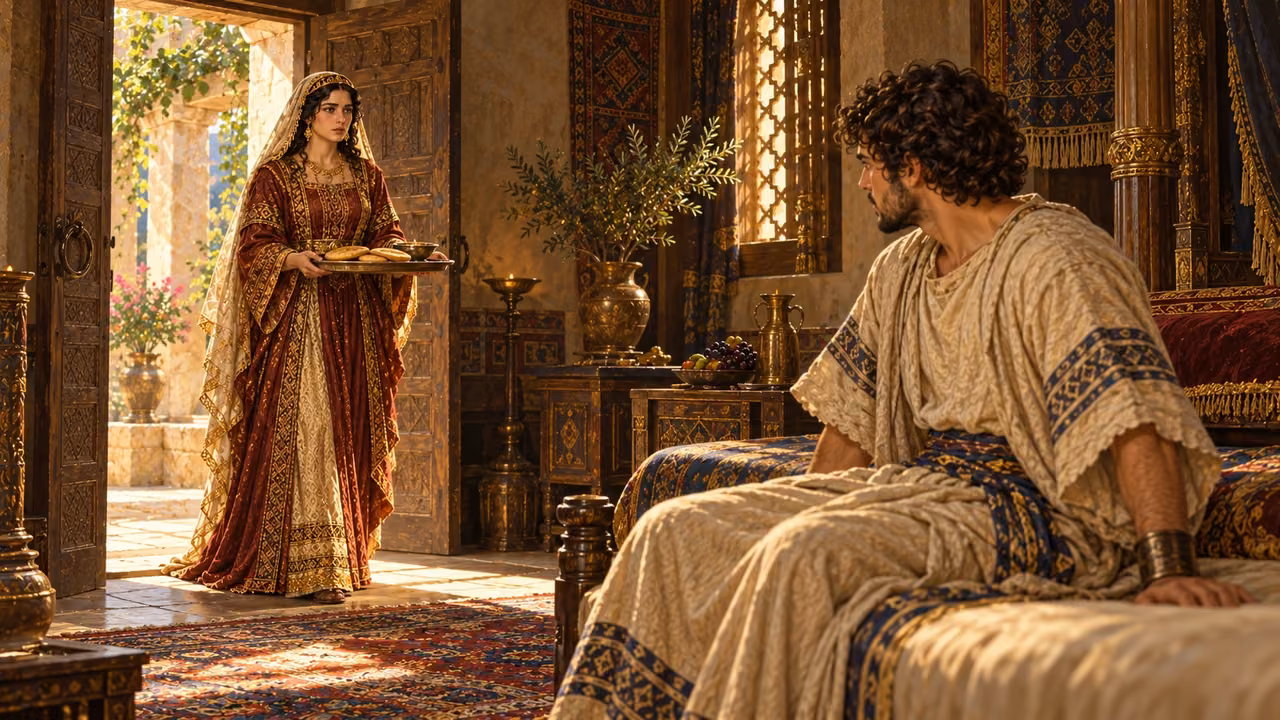 Tamar carries the prepared cakes through the doorway of Amnon’s inner room.