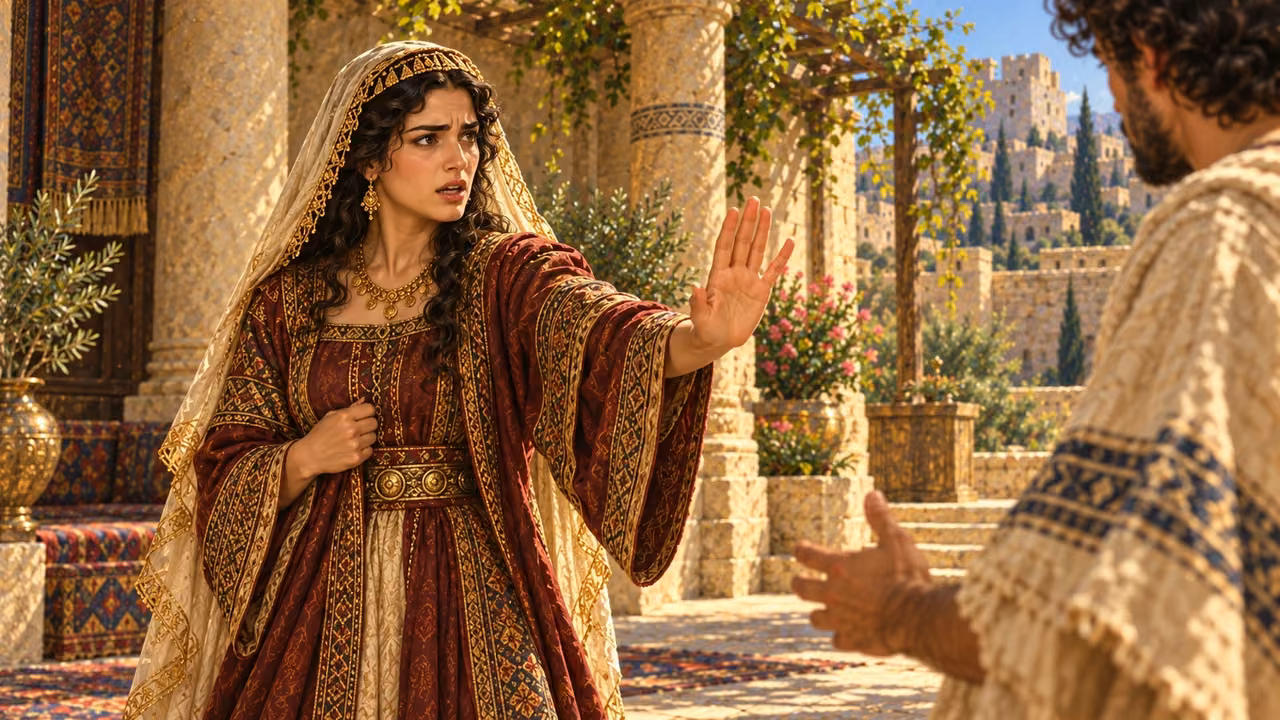 Tamar raises her open palm and firmly refuses Amnon.