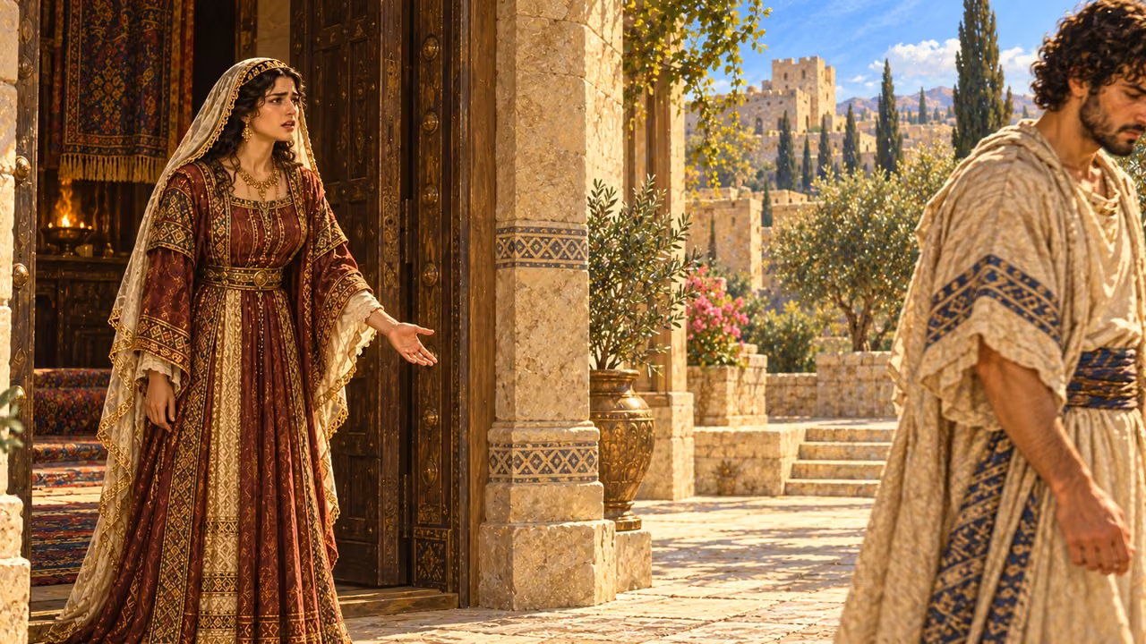 Tamar protests from the doorway as Amnon turns away from her.