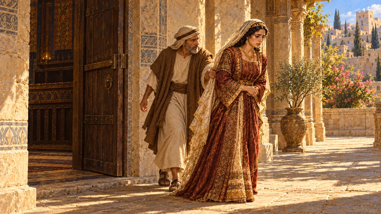 An older attendant escorts fully clothed Tamar out through the doorway.