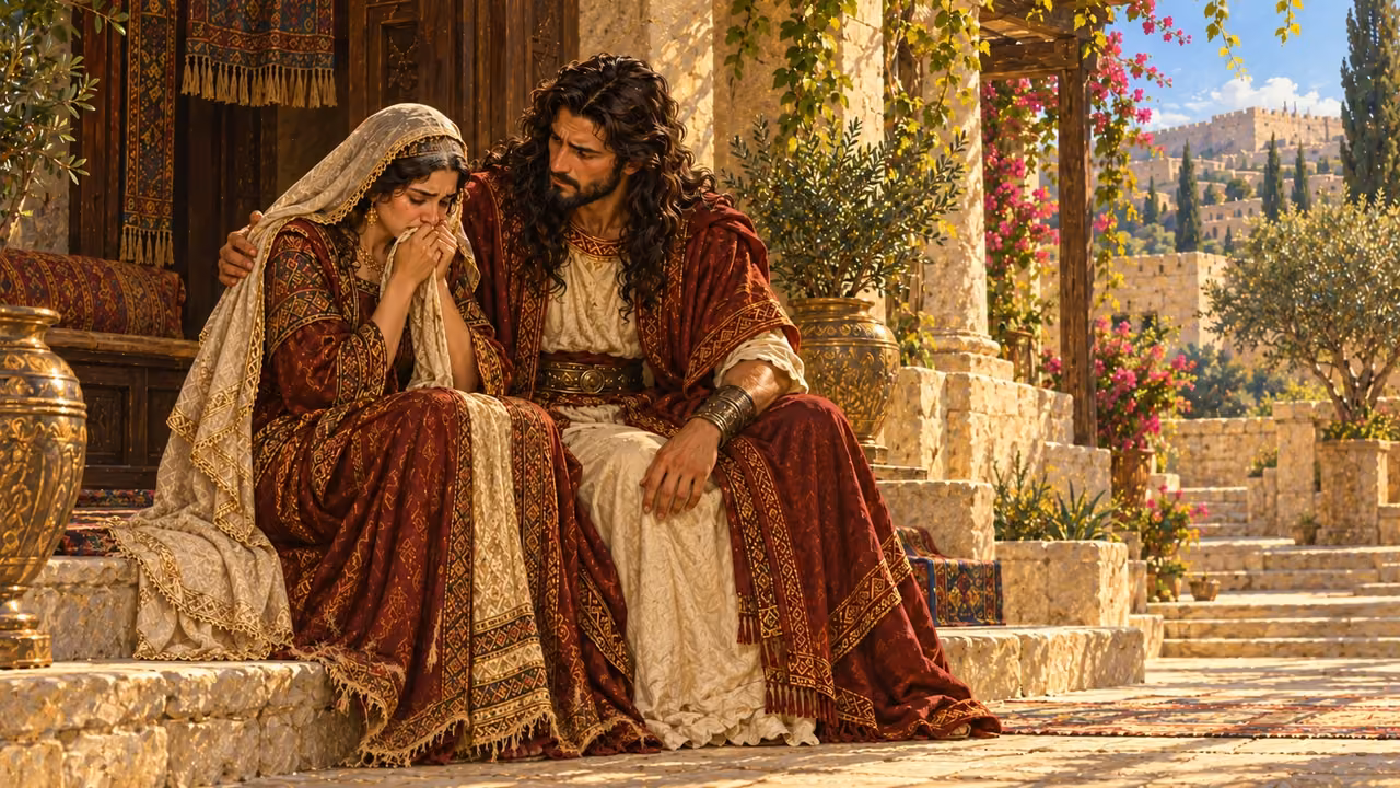 Absalom sits beside his devastated sister in his courtyard, her robe frayed and her head dusted with ash.