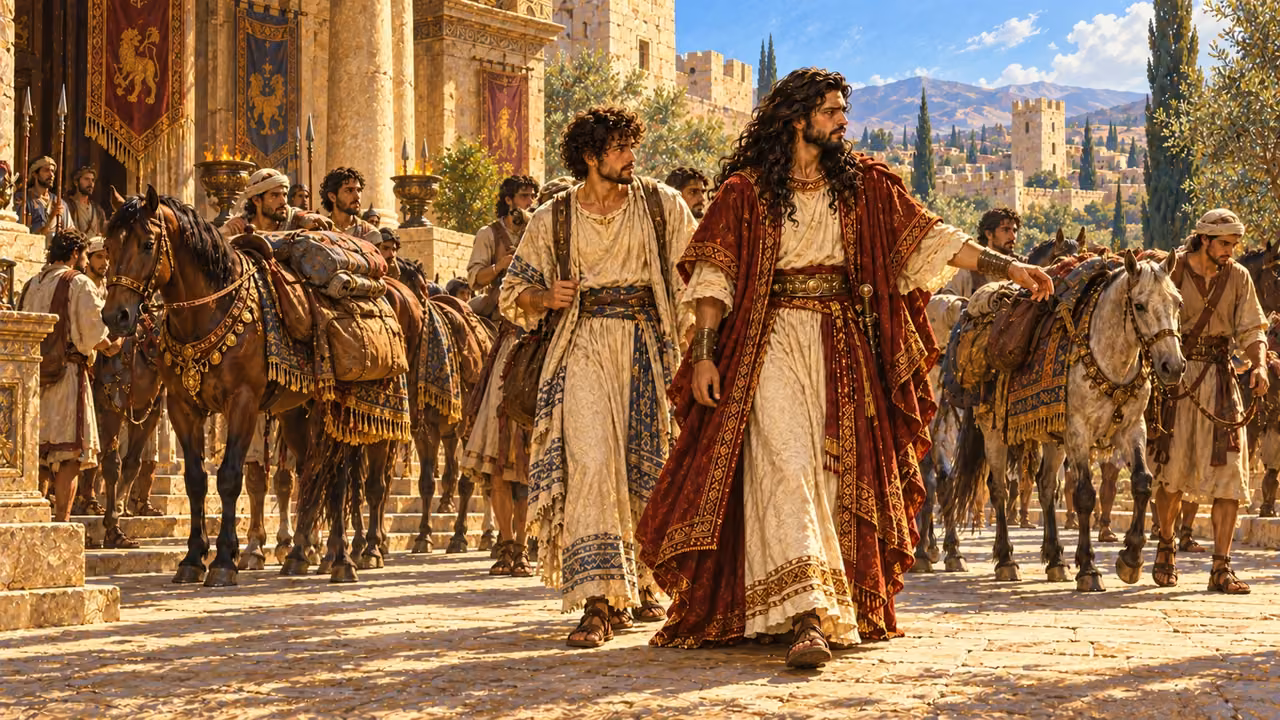 Amnon and the other princes gather to depart while Absalom leads them toward the road.
