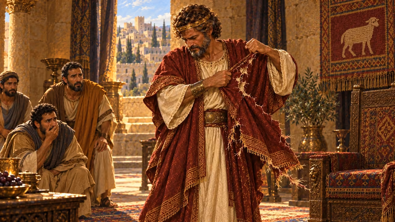 David tears the outer edge of his burgundy garment in grief.