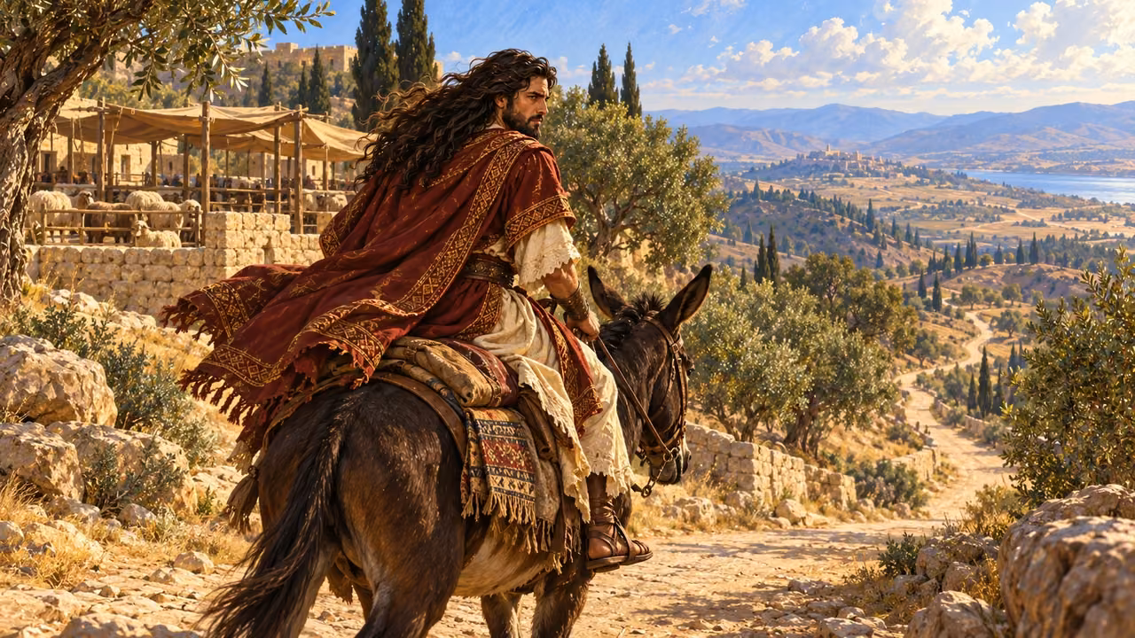 Absalom rides a mule away from the shearing settlement toward exile.