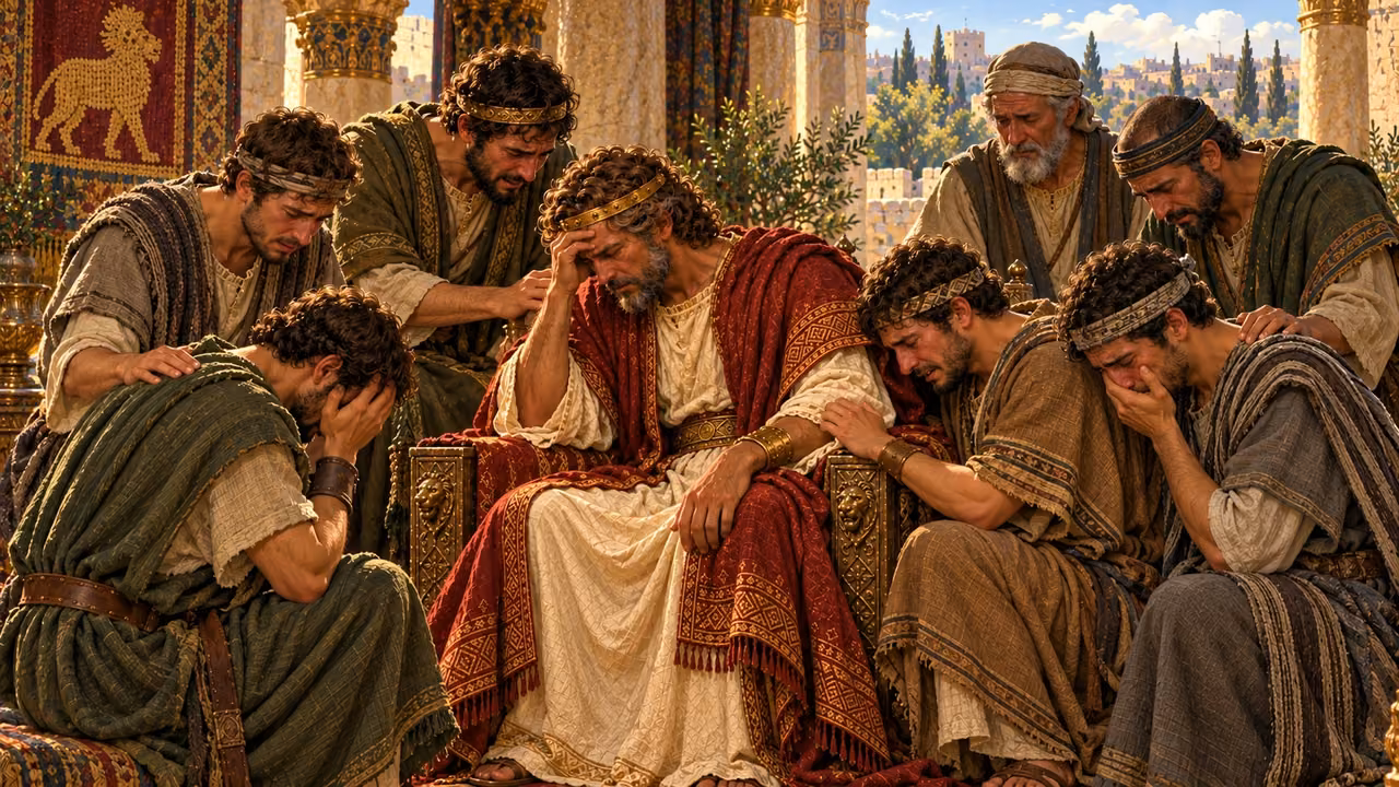 David, the surviving princes, and household servants weep together after the sons return.