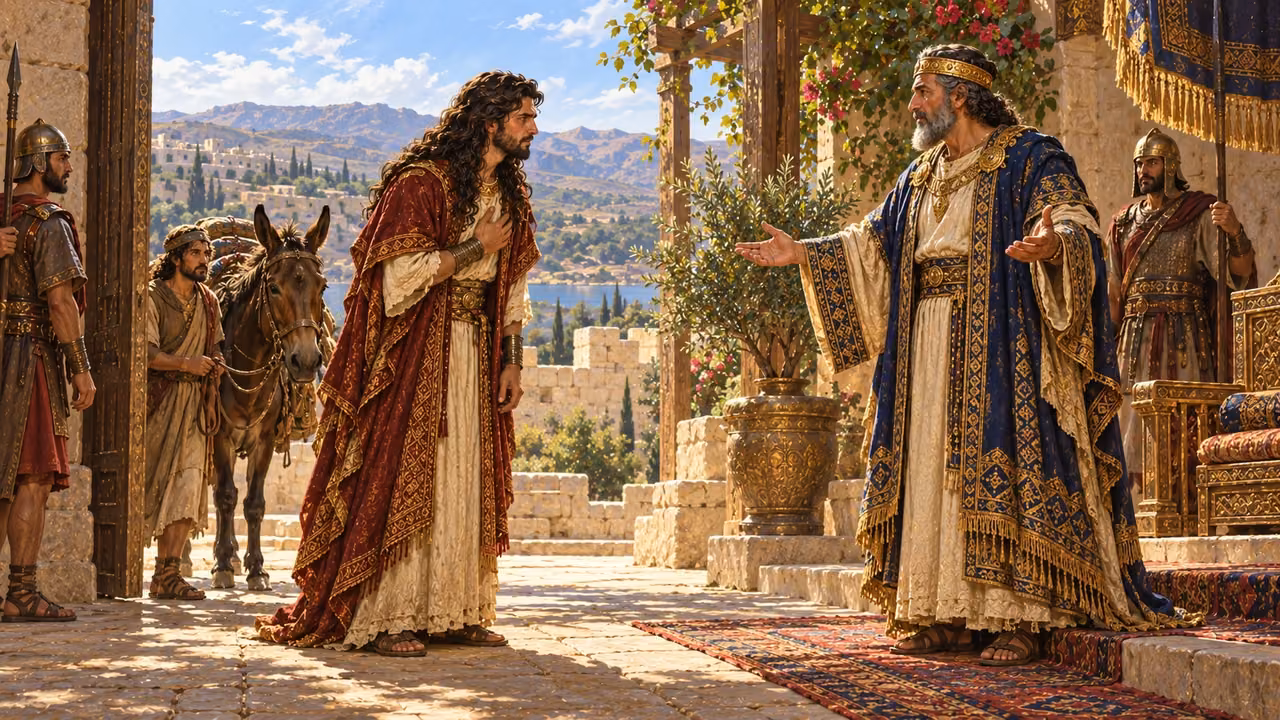 Absalom arrives before the older King Talmai in the royal courtyard of Geshur.