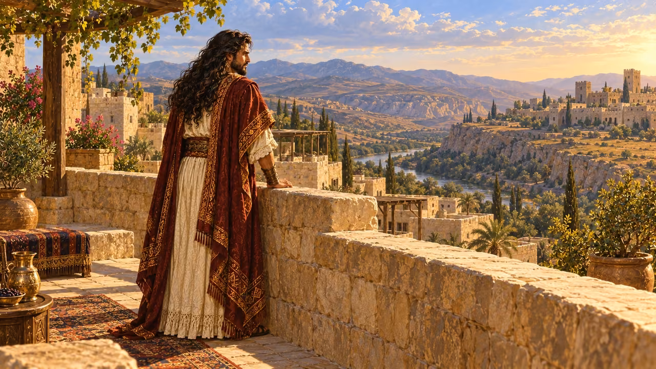Absalom stands alone on a rooftop overlooking the hills of Geshur during his exile.