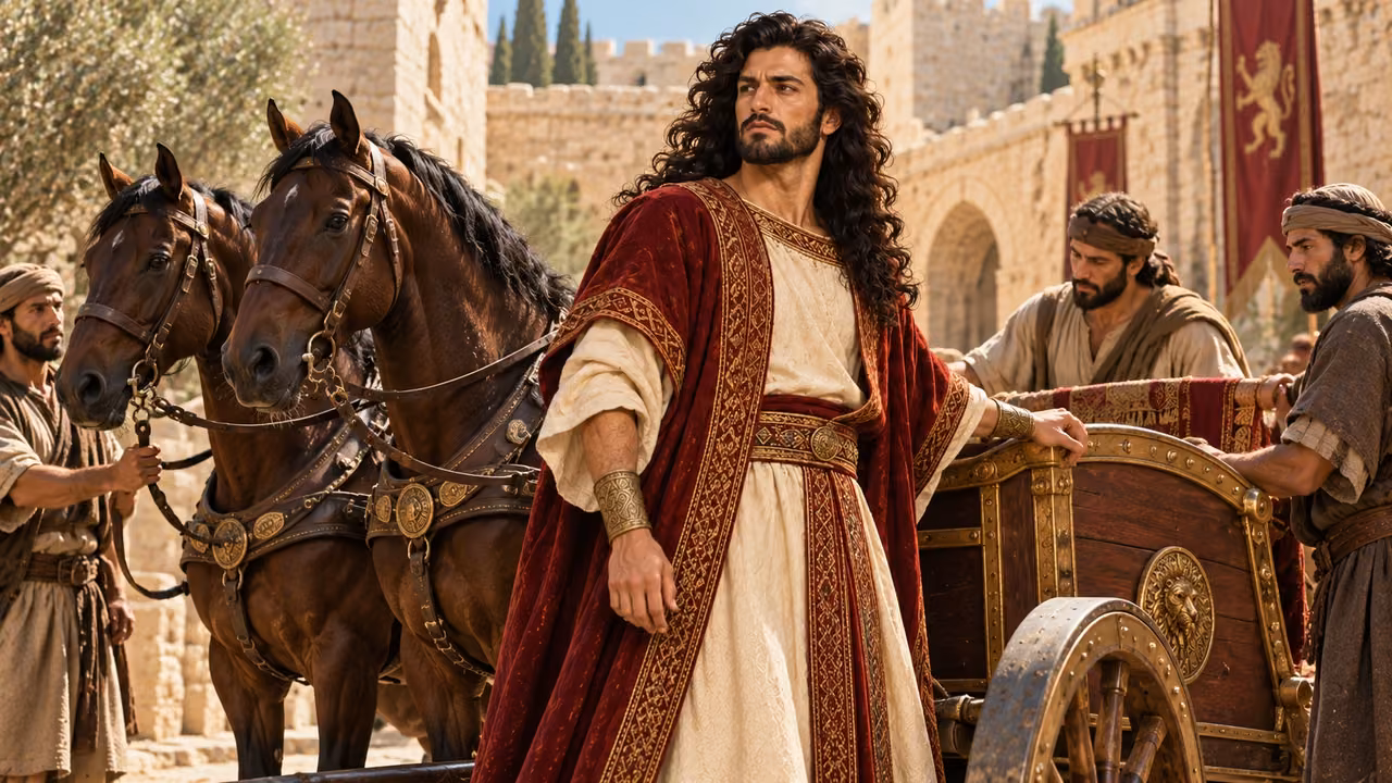 Absalom stands beside his chariot and horses.