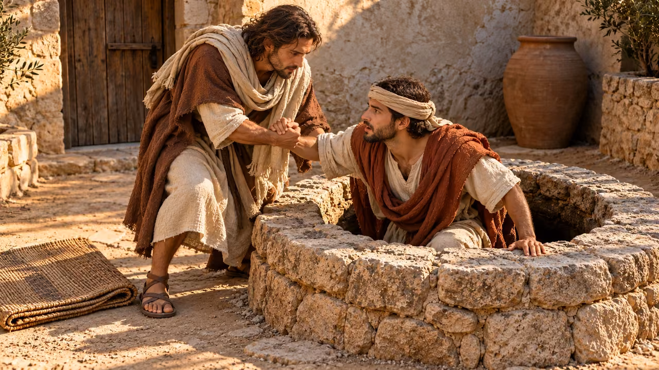 Jonathan and Ahimaaz come up out of the well.