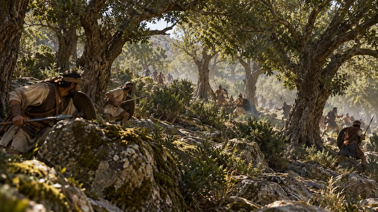 The fighting spreads across the wooded land.