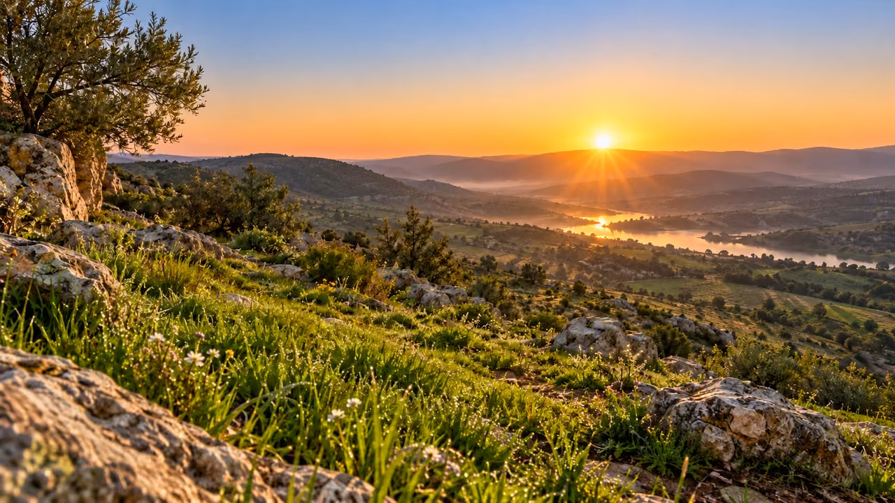 Poetic image: morning light and grass after rain.