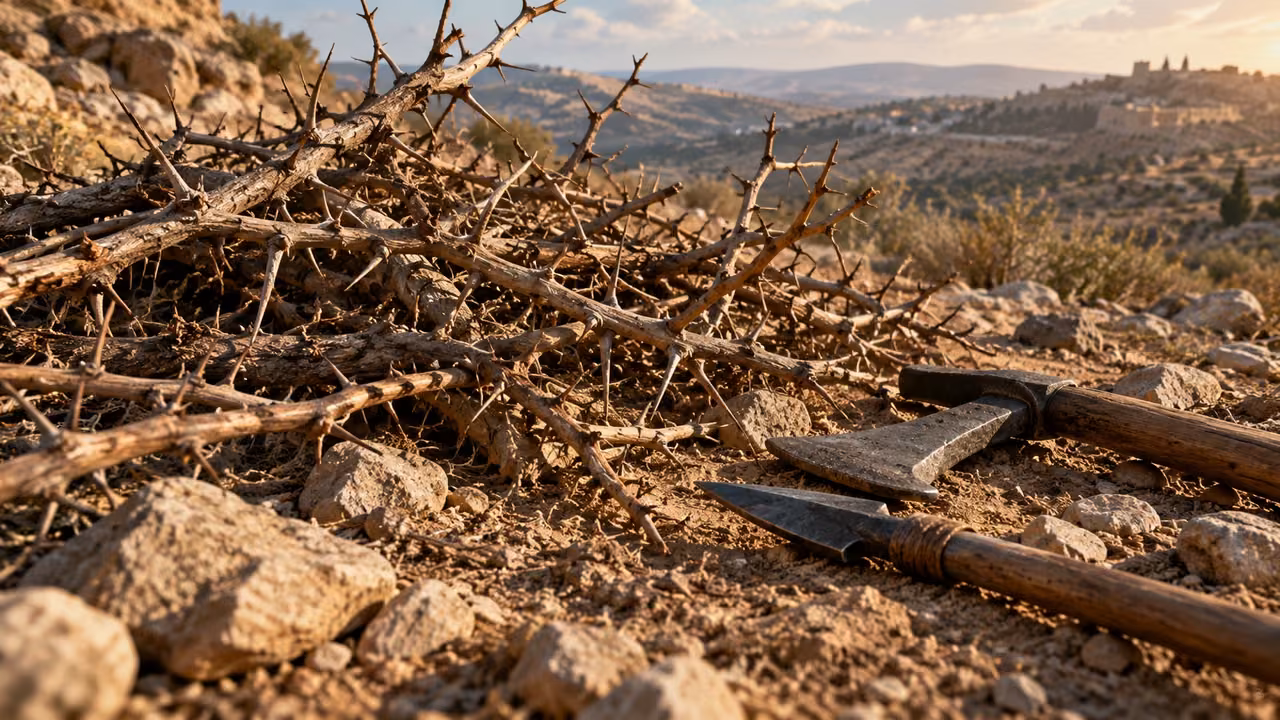 Poetic image: discarded thorns and an iron implement.