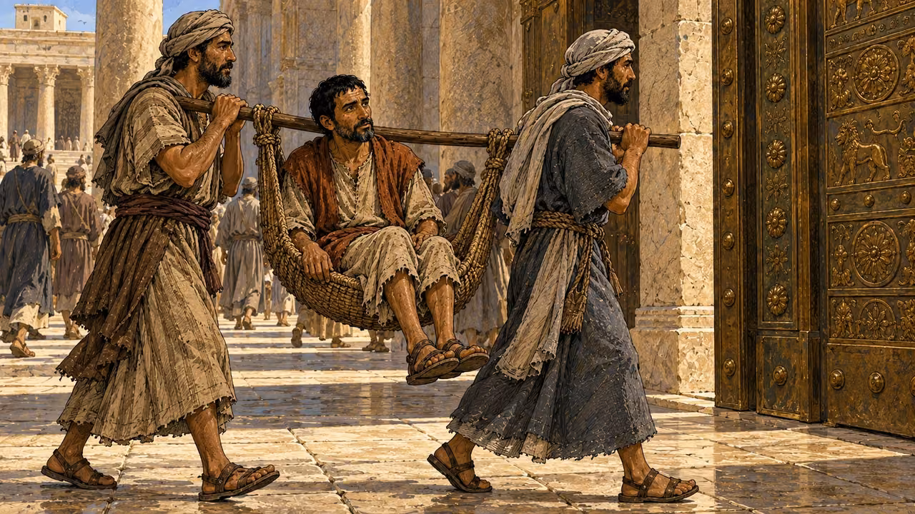 Two helpers carry the man in a woven seat toward the bronze Temple gate.