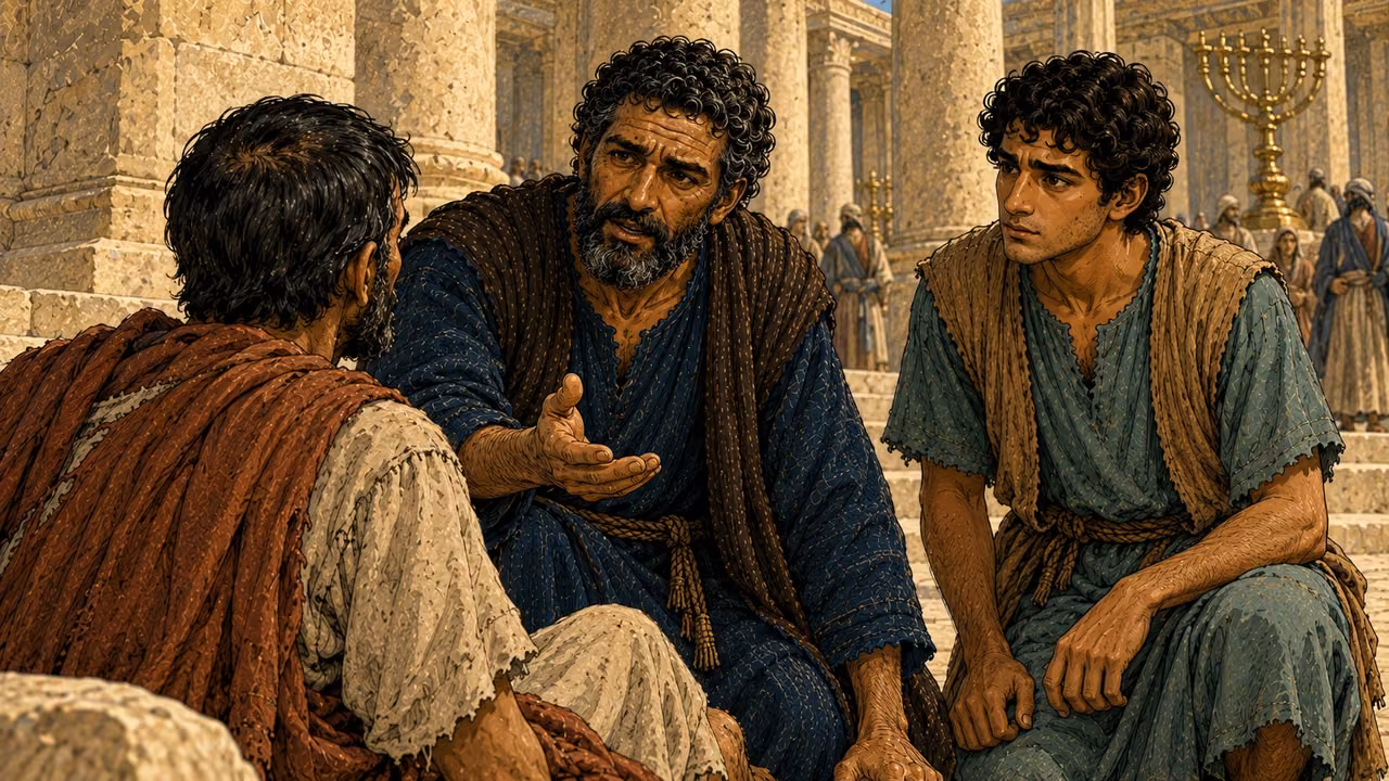 Peter and John direct their attention toward the seated man.