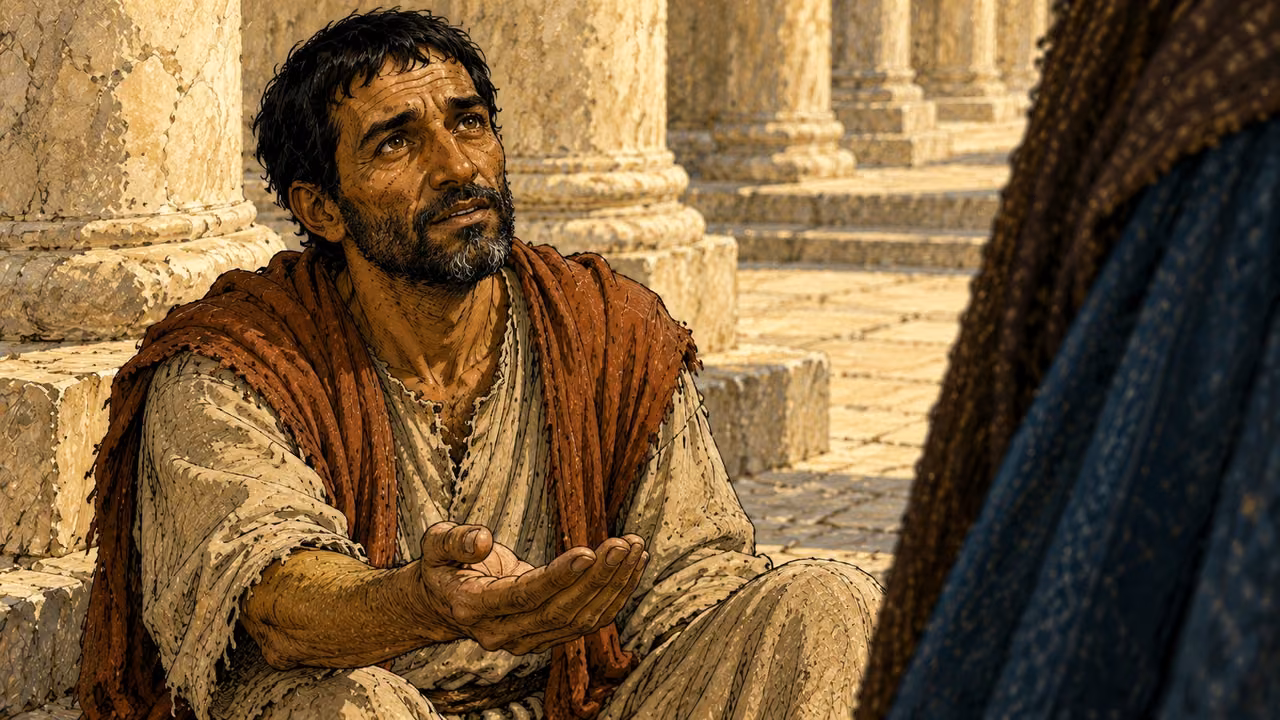 The seated man looks up expectantly with an open hand.