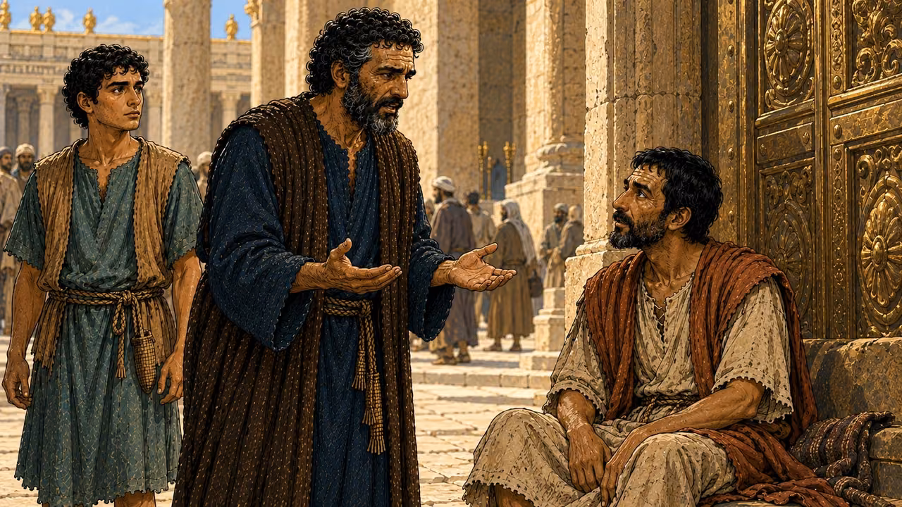 Peter speaks with empty open hands while the man remains seated.