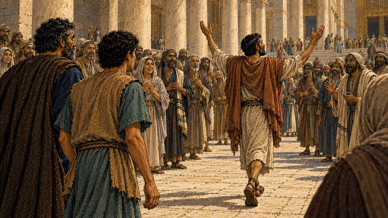 Worshippers see the healed man walking and praising God.