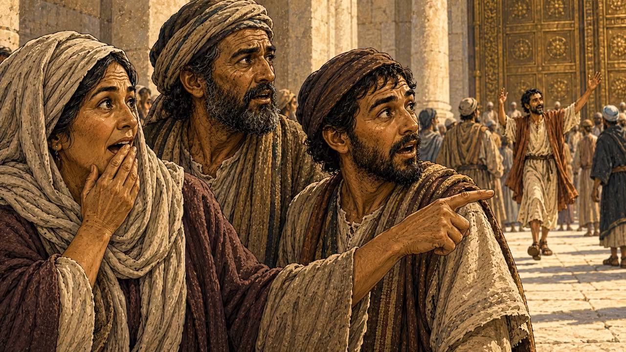 Onlookers react with recognition and astonishment as the healed man stands nearby.