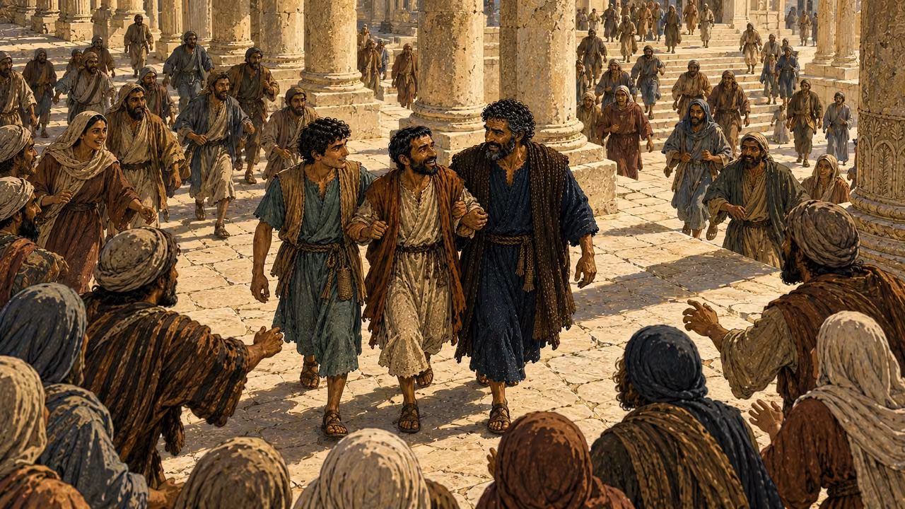 The healed man holds Peter and John as people converge in the colonnade.