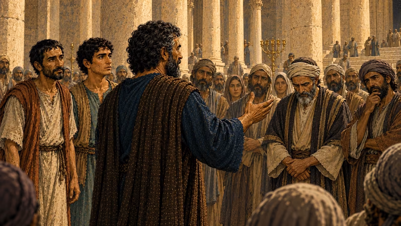 From behind Peter, the crowd listens solemnly to his testimony.