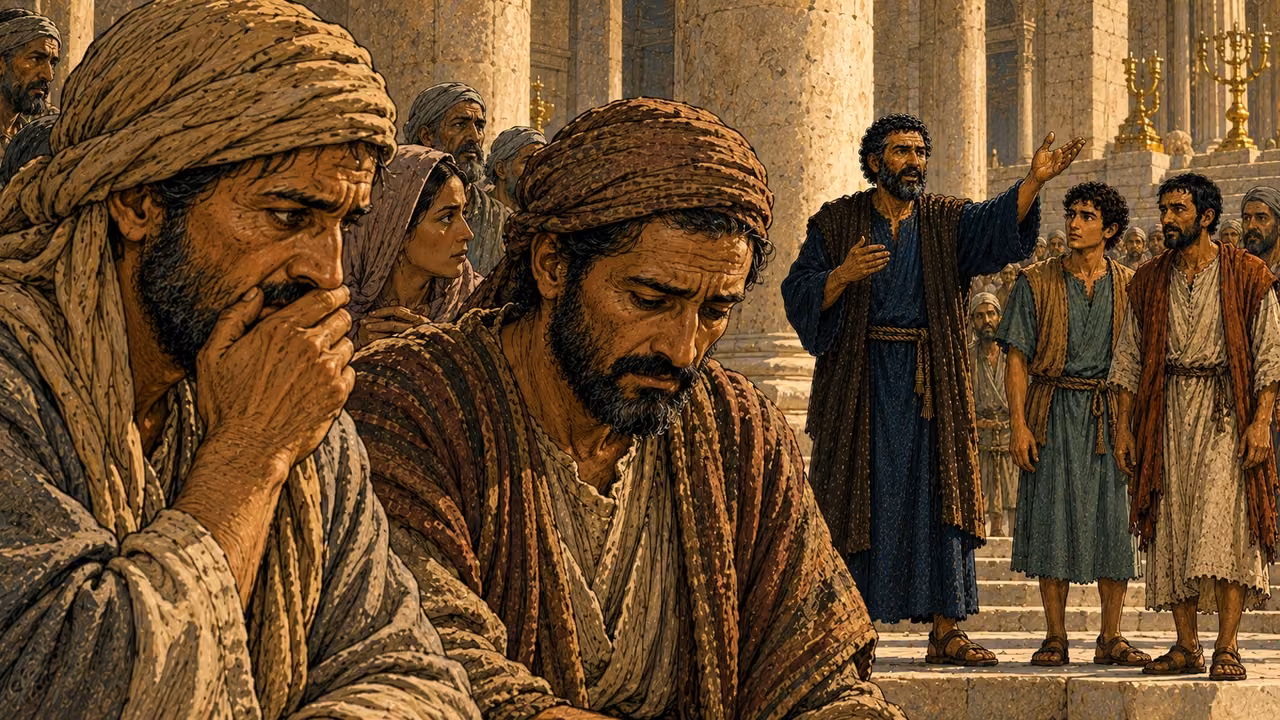 Two listeners lower their faces in troubled reflection while Peter speaks behind them.