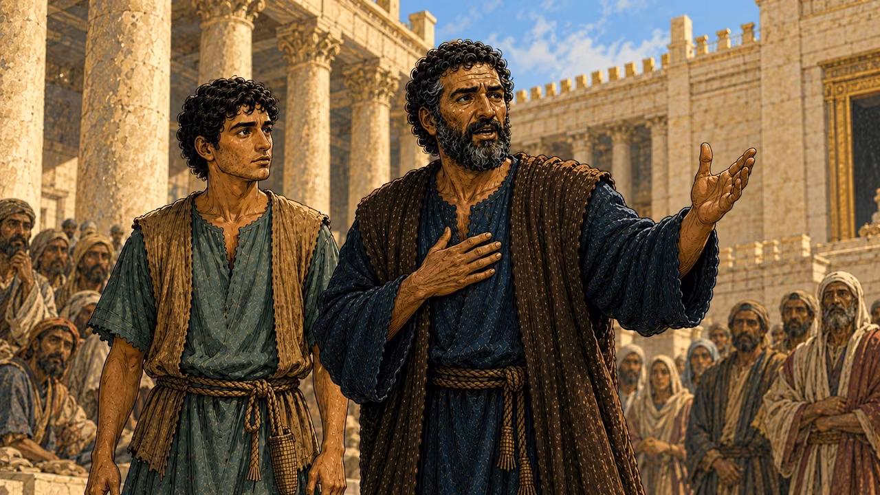 Peter and John stand together as witnesses before the gathering.