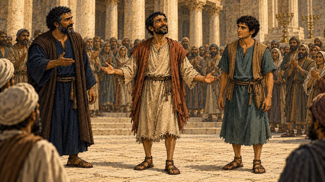 The healed man stands unaided on both feet while Peter presents him to the people.