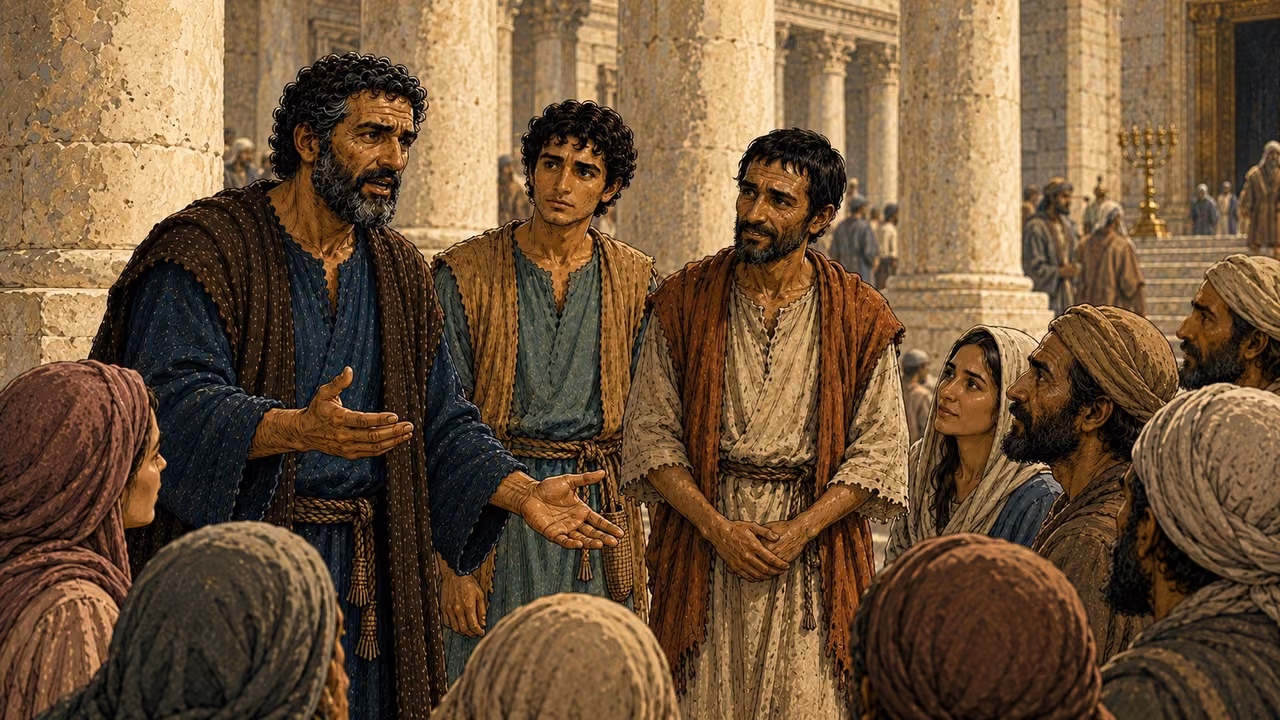 Peter speaks compassionately with open hands to nearby listeners.