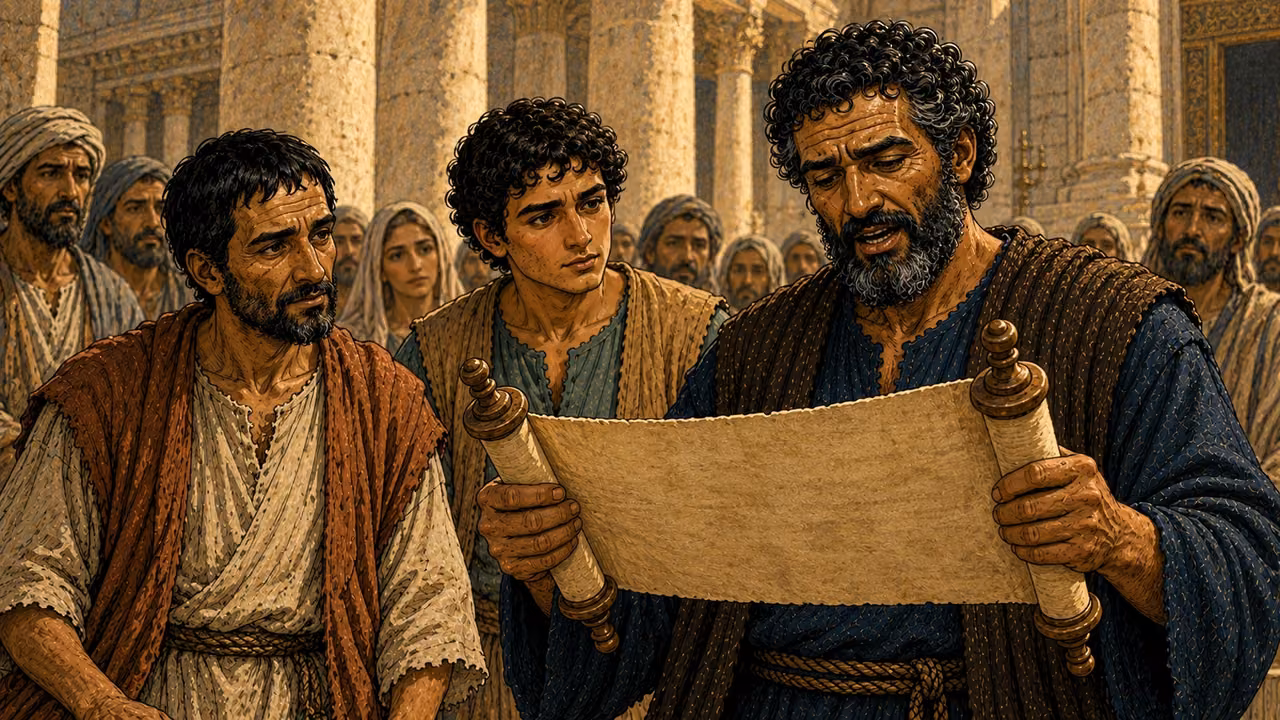Peter holds an unlettered scroll while John and the healed man listen.