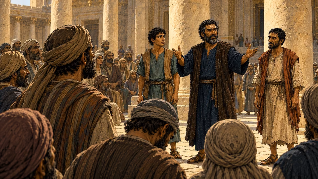 An adult listener bows his head as Peter calls the gathering to turn back.
