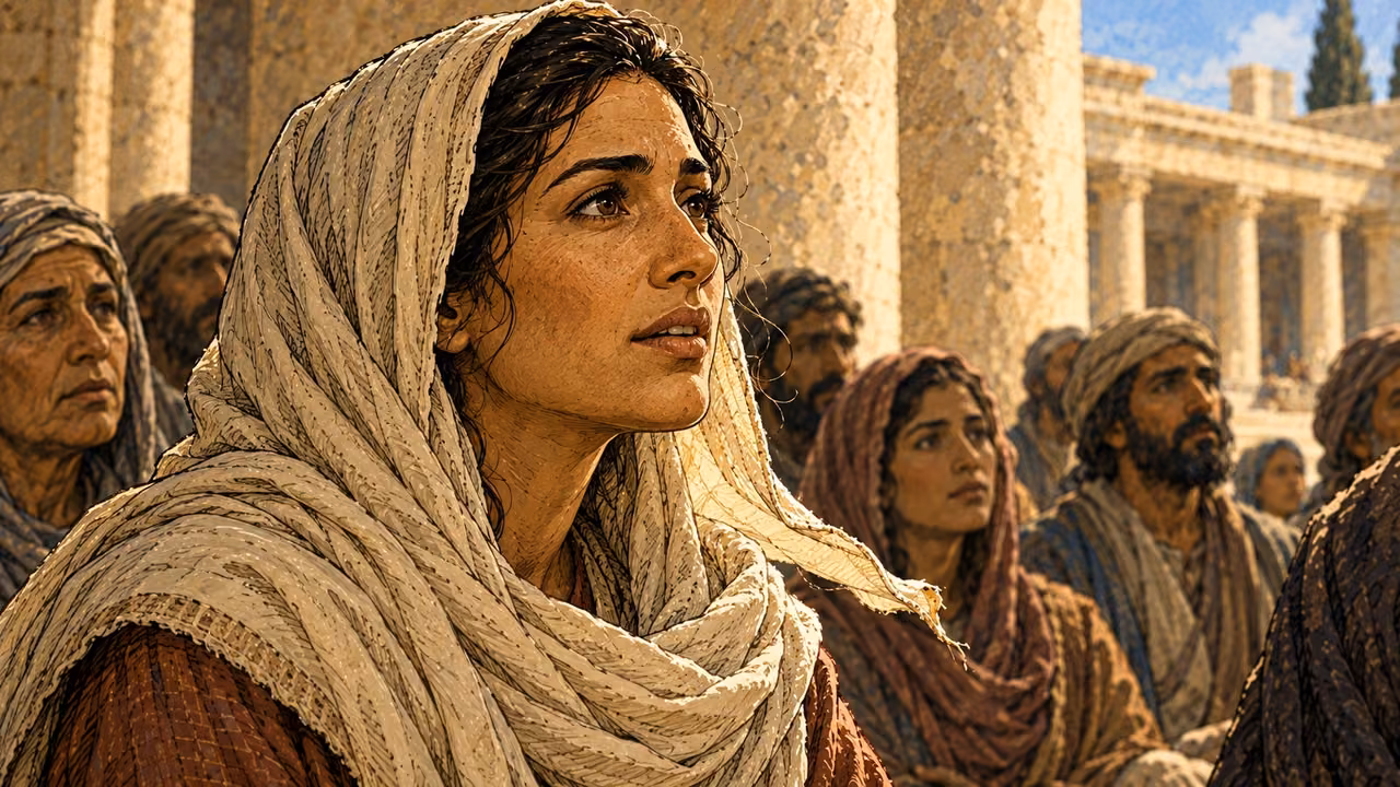 A woman in a cream head scarf listens with quiet hope among the gathered people.