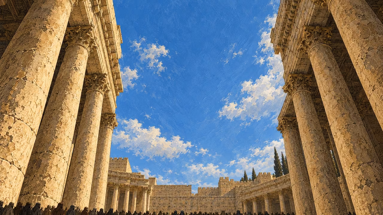An upward view between Temple columns opens onto the ordinary sky above the gathering.