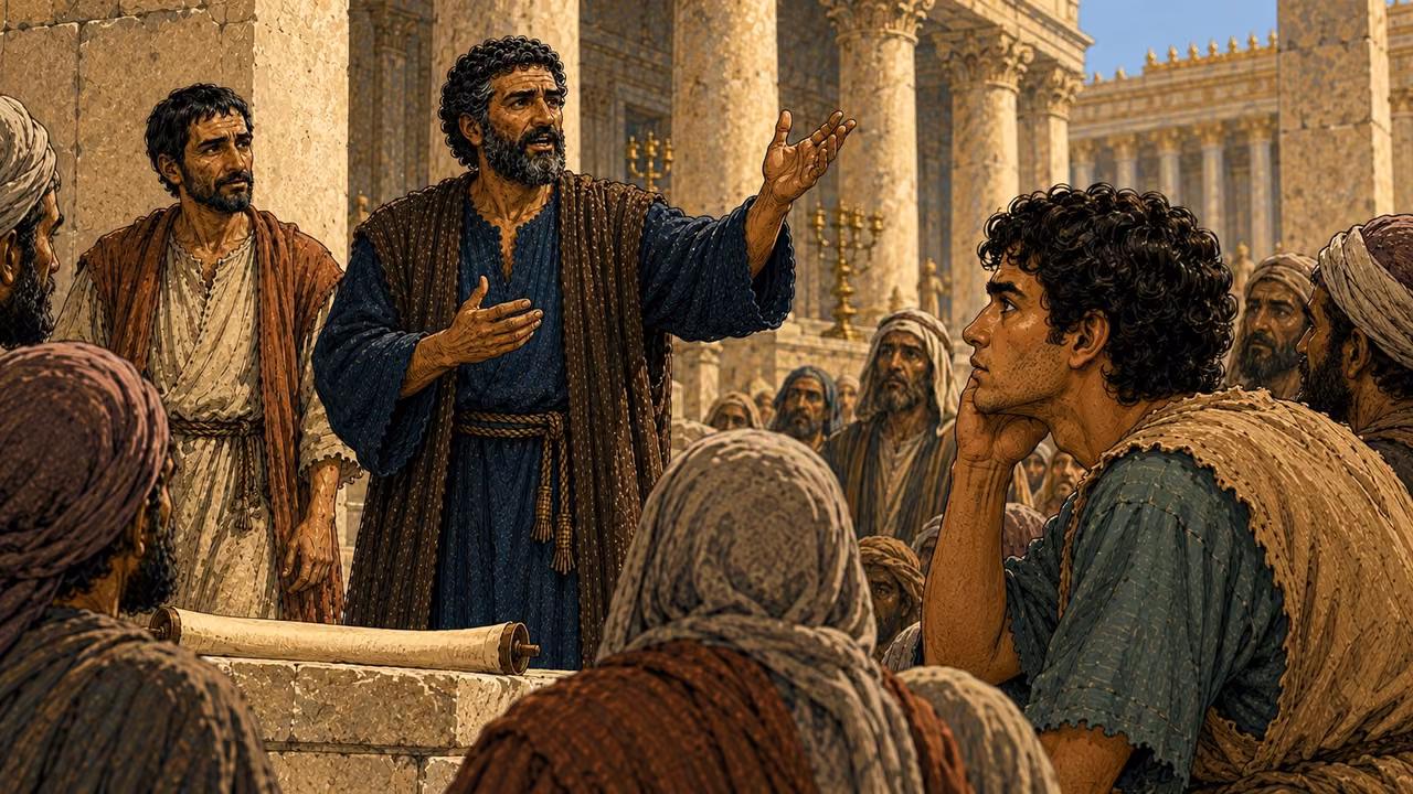 John listens closely while Peter speaks, with an unlettered scroll on the ledge.