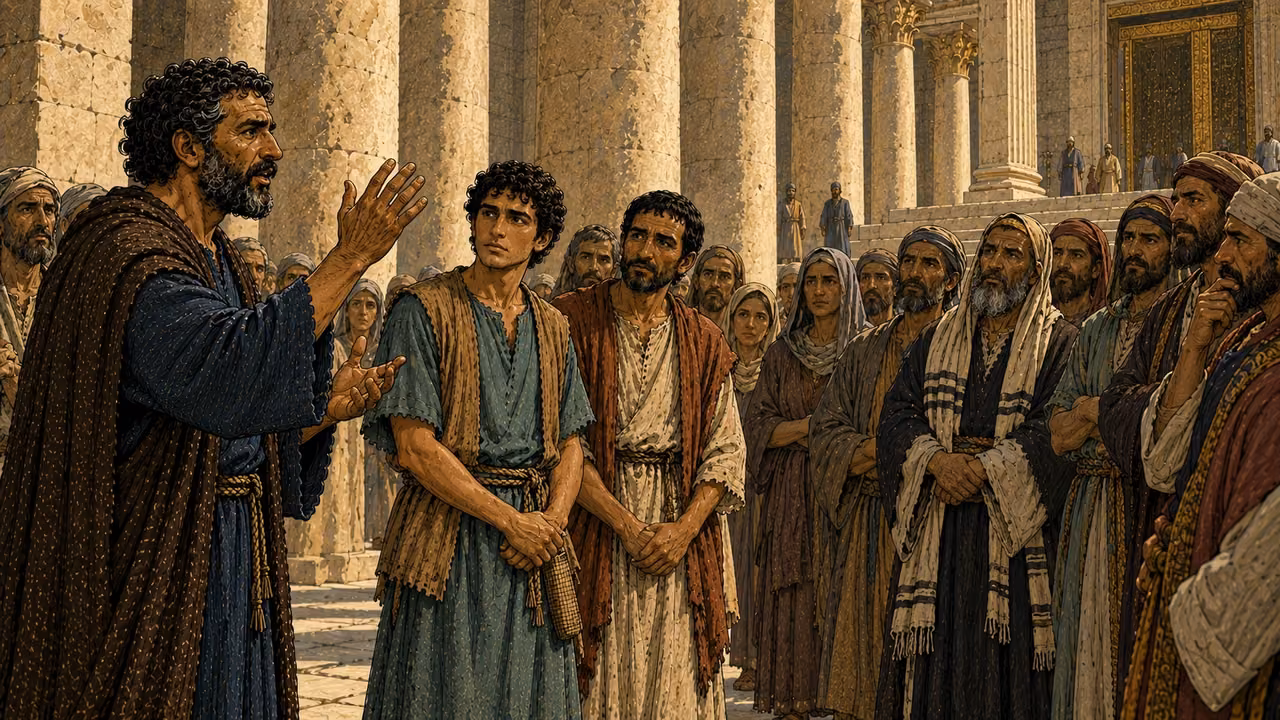 The gathering listens solemnly to Peter’s warning among the stone columns.