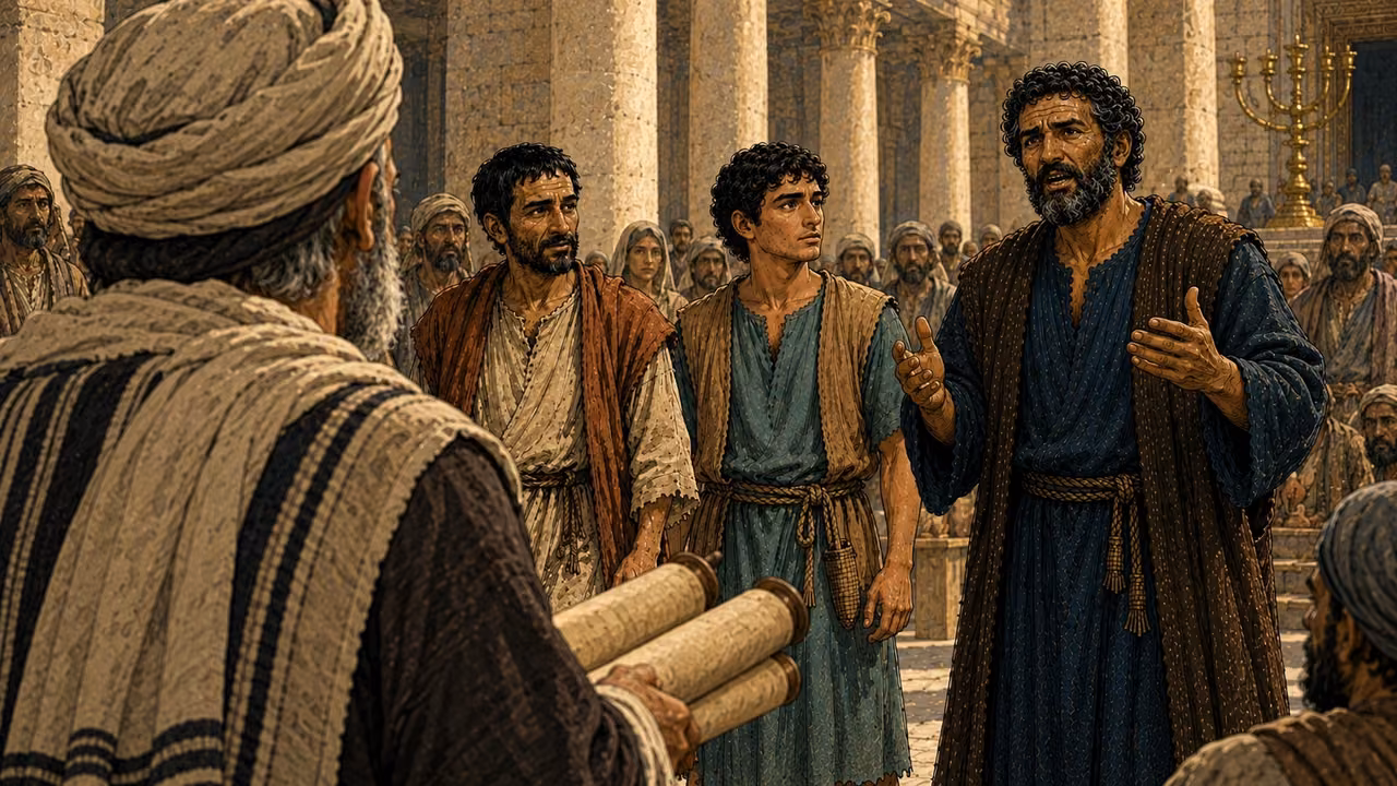 An elder holding rolled scrolls listens as Peter speaks of the prophets.