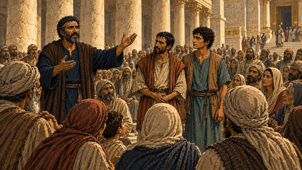 Families of several ages gather close to hear Peter speak about the covenant.
